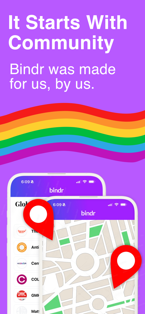 Bindr | Bisexual Dating App - Bindr bisexual dating app screen showing local community resources and map features for LGBTQ plus users