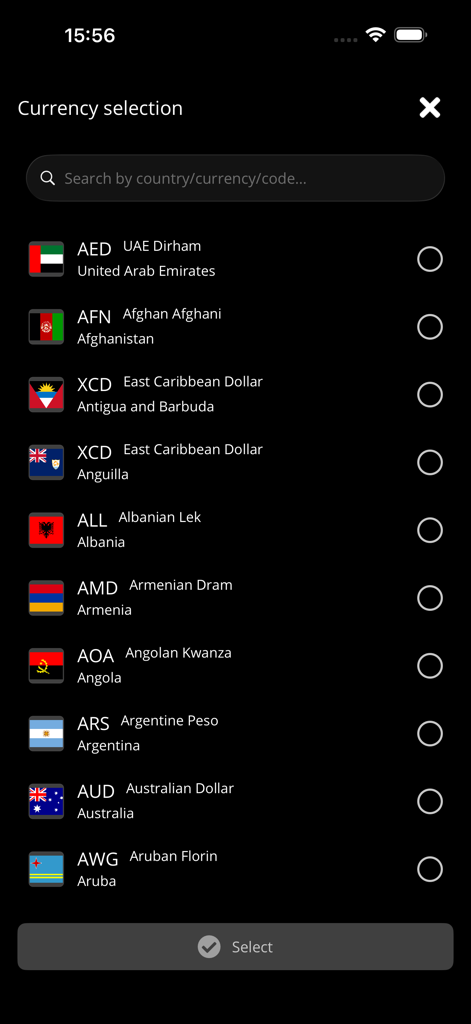 Coin & Currency Converter - A list of world currencies with flags and codes in the app selection menu