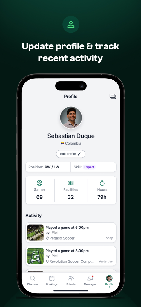 A smartphone showing the Plei app user profile screen featuring player statistics like games played and recent match activity.