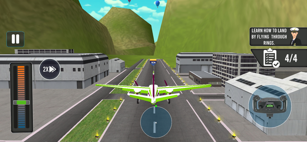 Un avión verde y blanco en una pista en un juego de simulador de vuelo.