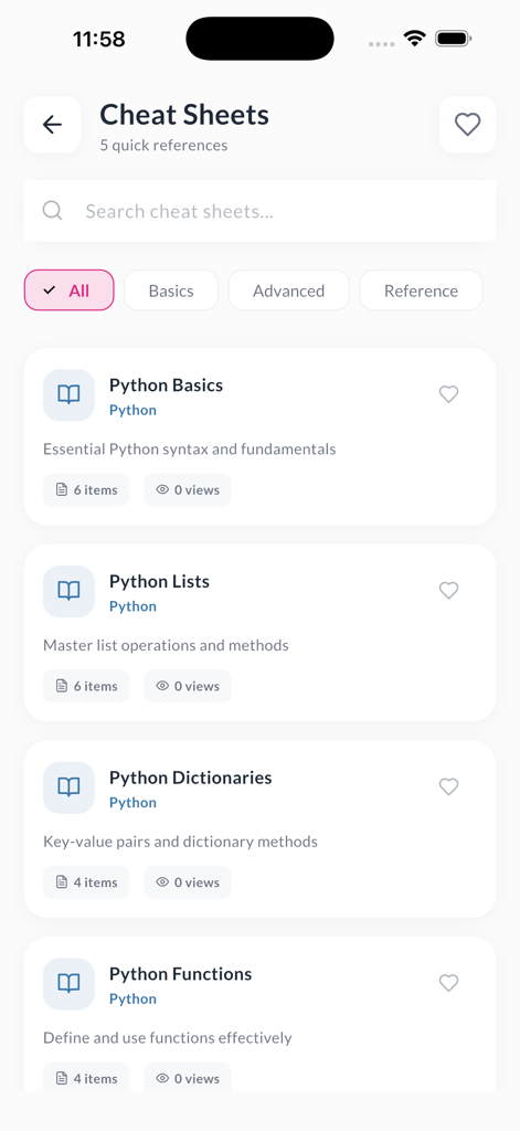 Learn Python Coding with AI - Interface showing a collection of Python programming cheat sheets categorized by topic