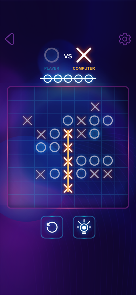 Tic Tac Toe 2 Player: XO Game - A large neon Tic Tac Toe grid showing a winning vertical line of orange X symbols on a dark background