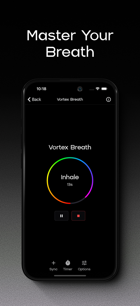 Una pantalla minimalista de aplicación móvil en tono oscuro para el ejercicio de Respiración Vortex que muestra un temporizador de inhalación dentro de una barra de progreso circular coloreada