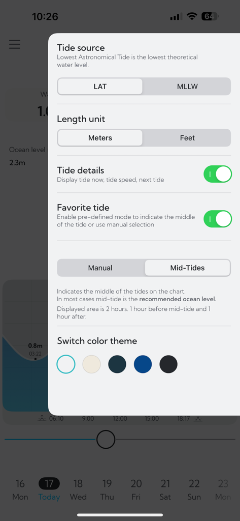 Bali Tide Forecast - Settings screen of Bali Tide Forecast app showing options for tide source length units and color themes