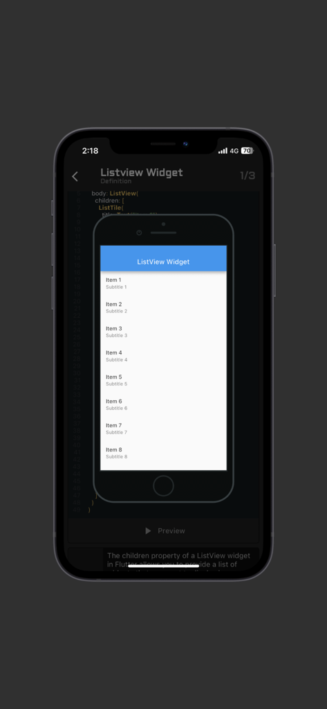 Vista previa de código de FlutterLab Pro que muestra el resultado visual de un widget ListView