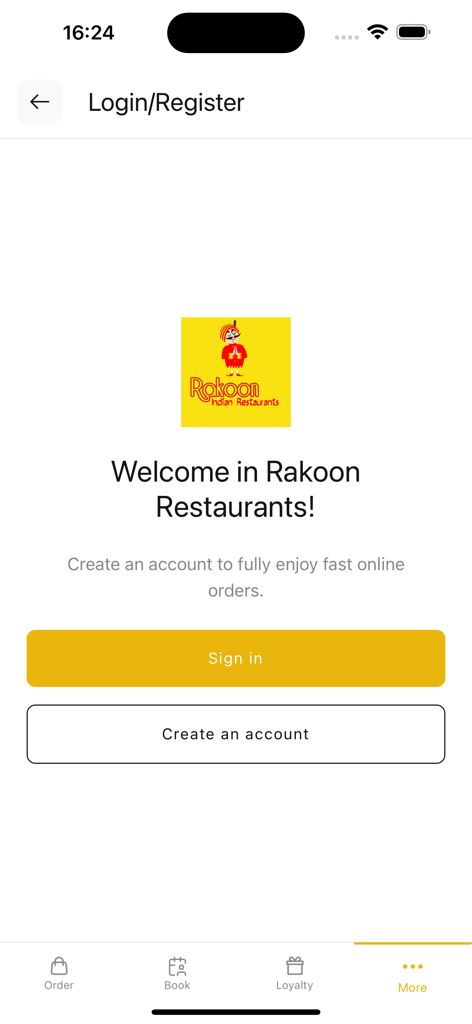 Rakoon Restaurants - Rakoon Restaurants app login and account registration screen