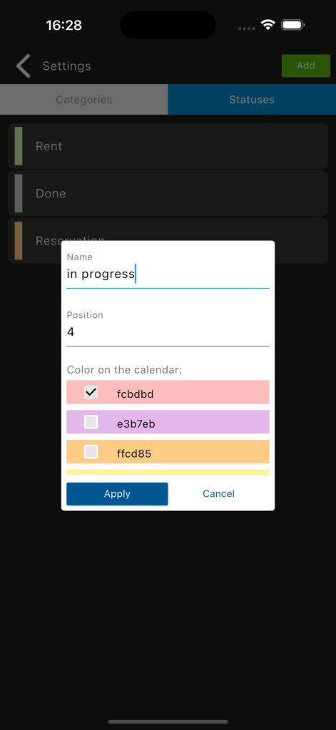 Interface de aplicativo móvel para personalizar status de reserva de aluguel e cores do calendário.