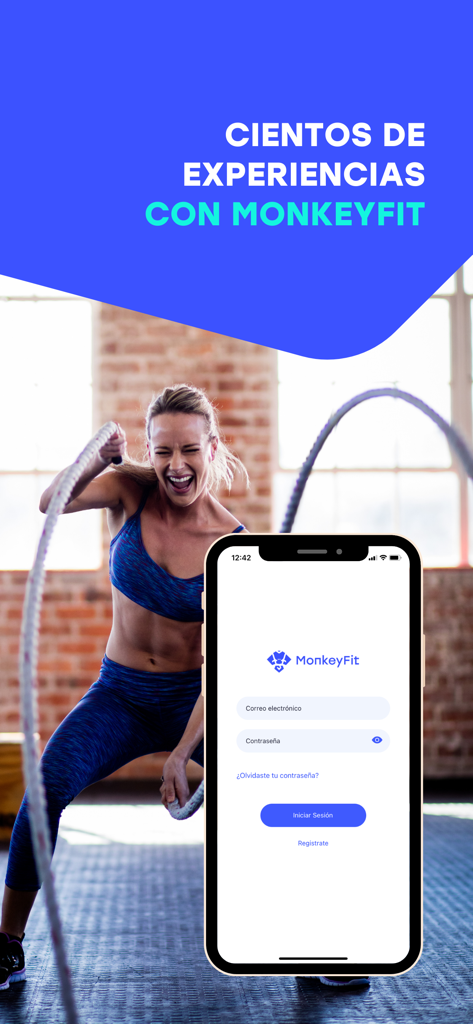 Monkeyfit - A woman training with battle ropes next to a smartphone showing the Monkeyfit login screen