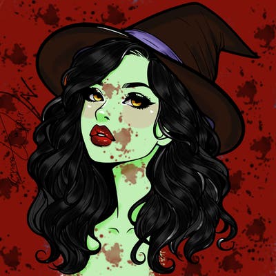 realistic witch girl with wavy hair and lips