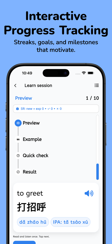 Learn Chinese: For Beginners - Smartphone screen showing a Chinese language learning session for the phrase to greet with characters and pinyin