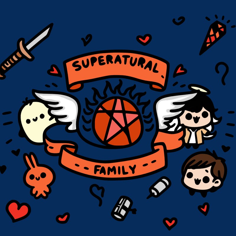 a tattoo idea that says 'supernatural family' with cute drawings around it
