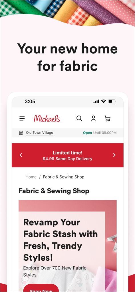 Michaels app interface showcasing the fabric and sewing shop section with a same day delivery promotion