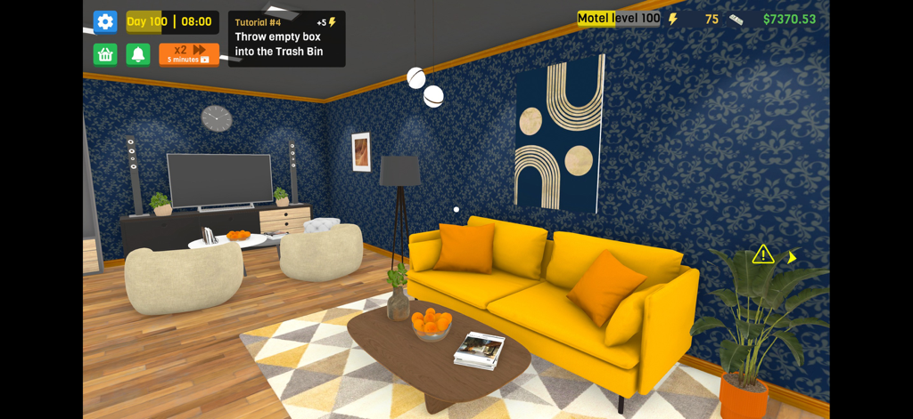 City Hotel Simulator - Inneneinrichtung einer luxuriösen Hotelsuite mit einem gelben Sofa und einer blauen Tapete in City Hotel Simulator