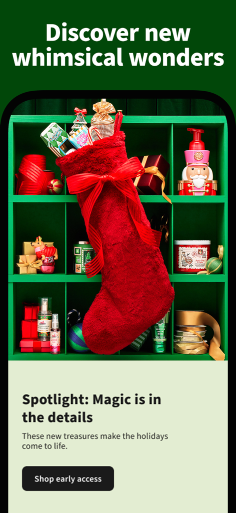 Pantalla de promoción de la aplicación de Bath and Body Works mostrando productos navideños y compras con acceso anticipado