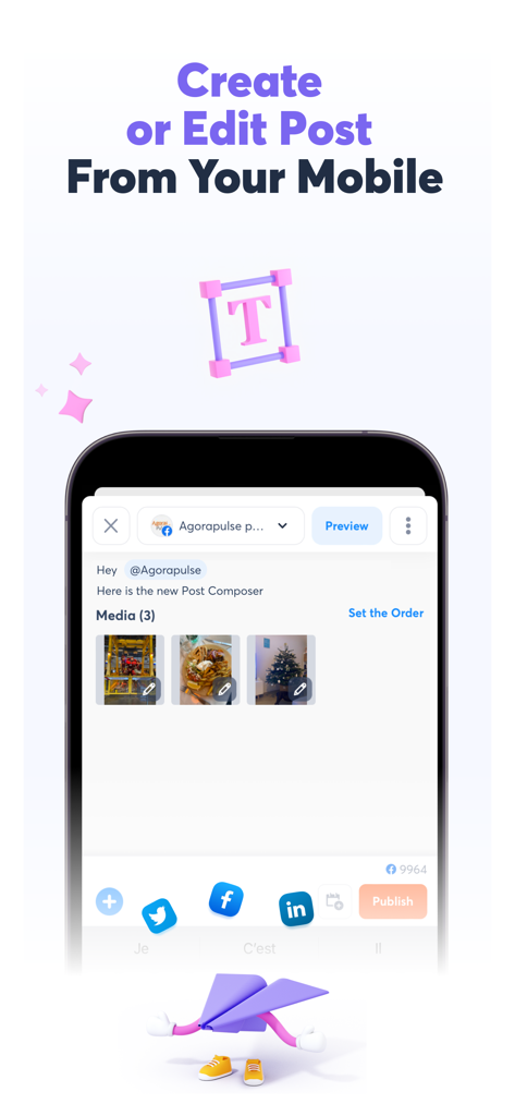 Agorapulse Companion App - Agorapulseモバイルアプリのインターフェイスに、ソーシャルメディア管理用の投稿コンポーザーが表示されている様子
