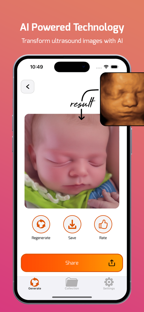 Baiby - AI Baby Scan Converter - Teléfono inteligente mostrando la interfaz de la aplicación Baiby con un retrato de bebé realista convertido a partir de una ecografía 3D