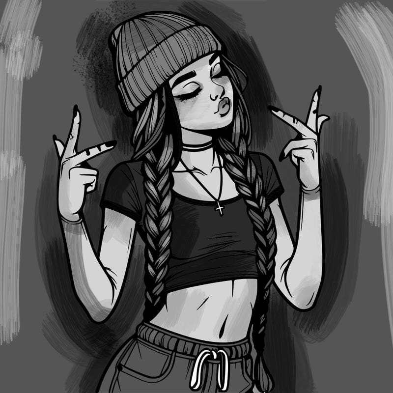 realistic teenage girl with braids and a beanie and crop top doing 🫶🏼
