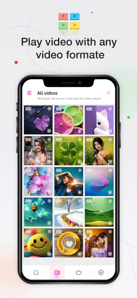 Video Player: HD & All Format - A smartphone screen showing the video gallery interface with a grid of thumbnails in the Video Player HD app.