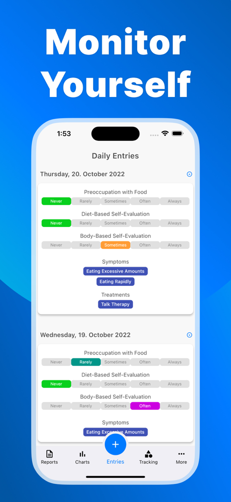 Eating Disorder Recovery - Daily entries screen in the Eating Disorder Recovery app displaying tracking for food preoccupation and symptoms.
