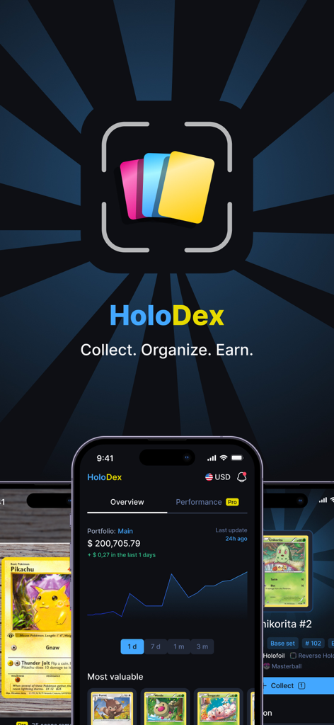 HoloDex app interface showing a Pokemon card portfolio value graph and card scanner