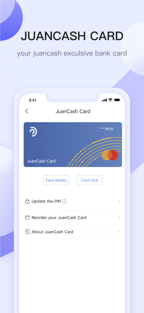 JuanCash-ZYBI Tech - JuanCash app screen displaying the exclusive bank card with options to update PIN and manage card settings.