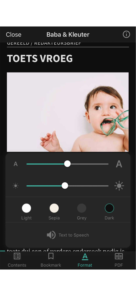 Baba & Kleuter app interface showing reading format settings including text size brightness and color themes