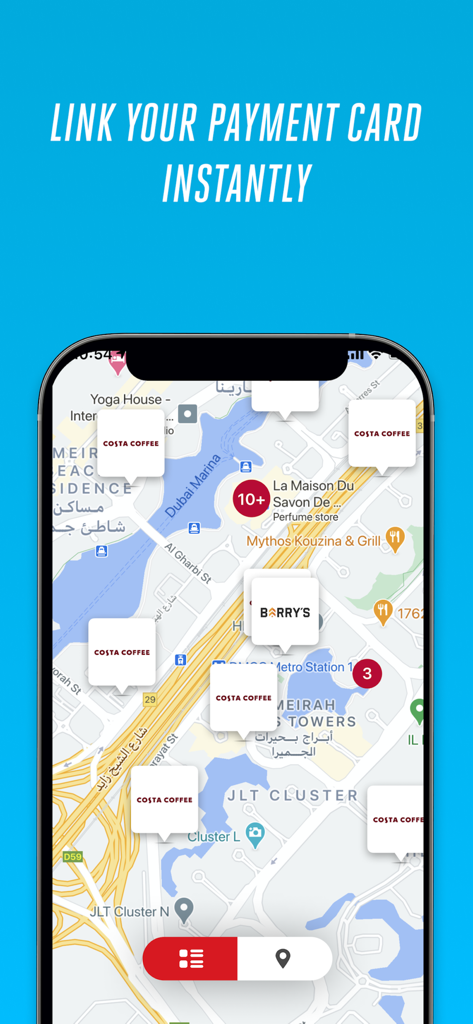 Skywards Everyday app map view showing partner locations in Dubai where users can earn miles by linking their payment card.