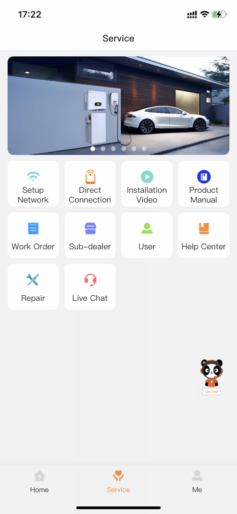 Fsolar app service screen showing support and maintenance options including manuals and live chat.
