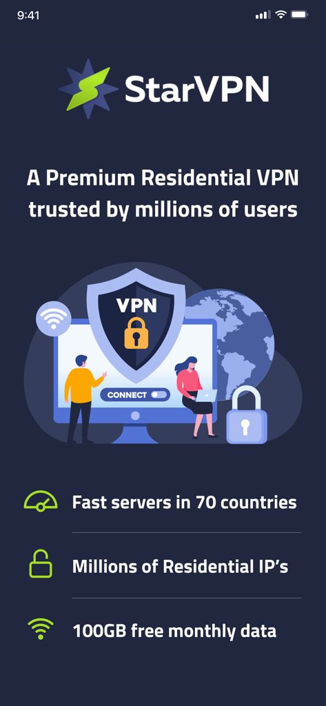 Residential VPN - StarVPN mobile app screen highlighting residential IPs and global server features.