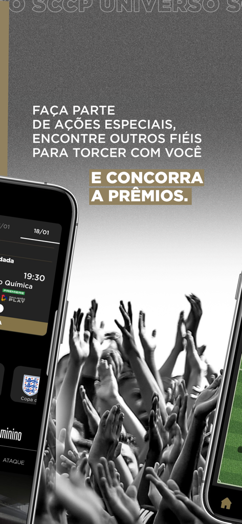 Universo SCCP - Universo SCCP app screen showing fan community features and rewards information with a crowd of cheering supporters.