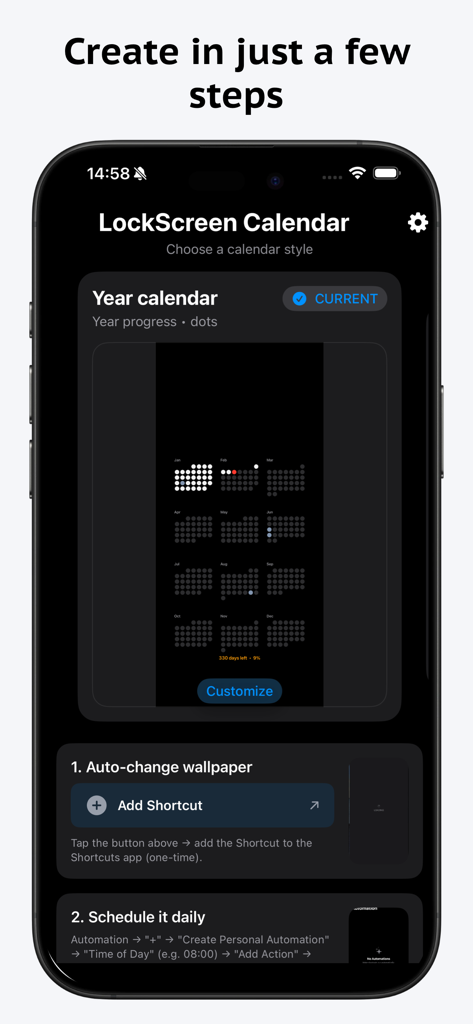 LockScreen Calendar Maker - App interface for setting up a yearly calendar wallpaper and iOS shortcut