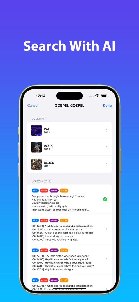 MP3 Tag Pro：Music Tag Editor - Music tag editor app interface showing AI search results for album covers and lyrics.