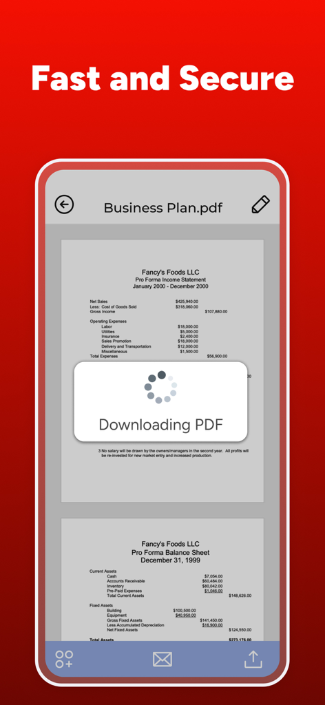 PDF Maker - Convert to PDF - A mobile app interface showing a business plan PDF document downloading securely