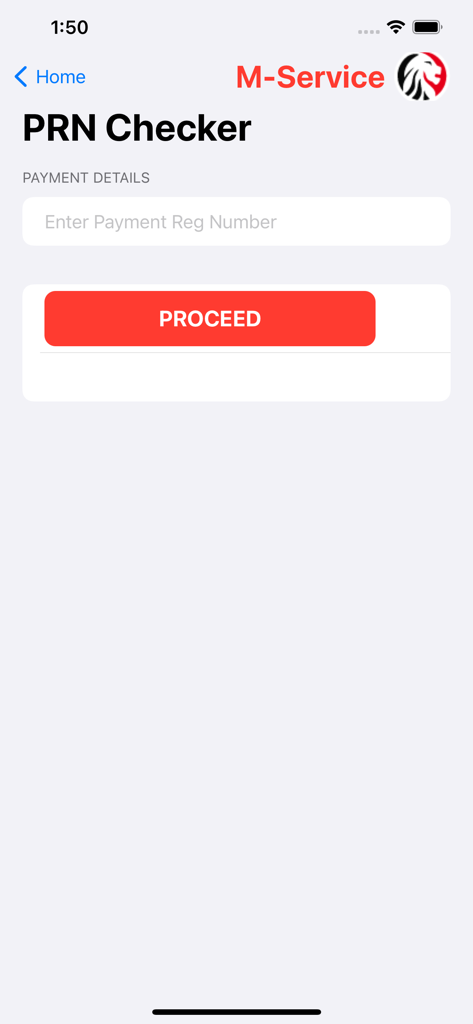 L'écran de vérification du PRN de l'application KRA M-Service avec un champ de saisie pour un numéro d'enregistrement de paiement et un bouton de progression.