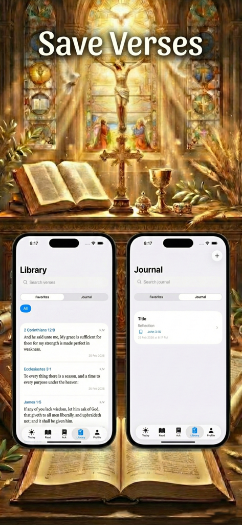 Bible Widget: Verses & AI Chat - Dos pantallas de iPhone que muestran la biblioteca personal y las funciones de diario de la aplicación Biblia Widget contra un fondo religioso