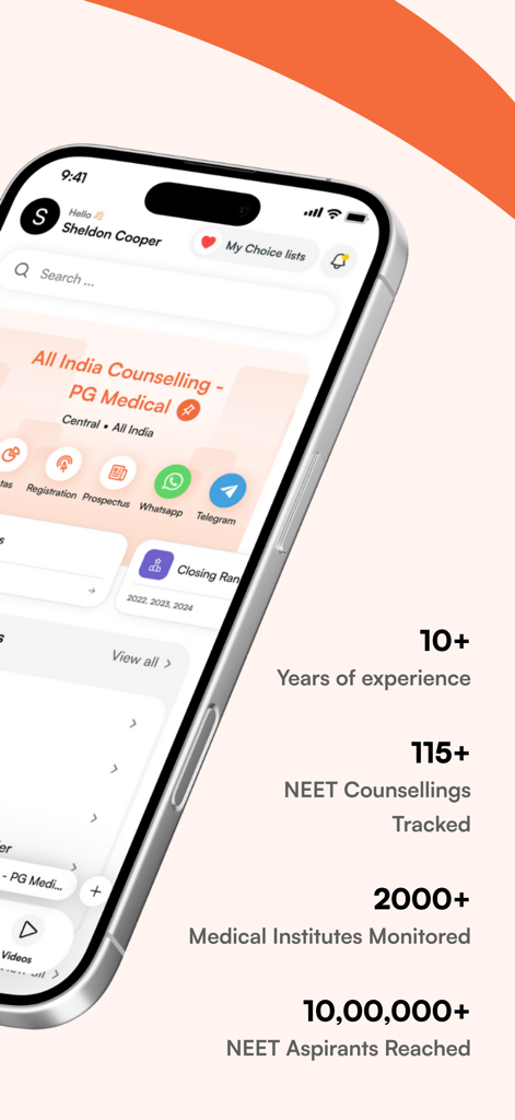 ZyNerd - NEET UG, PG, MDS - ZyNerd mobile app dashboard showing NEET medical counseling statistics and tracked institutes.