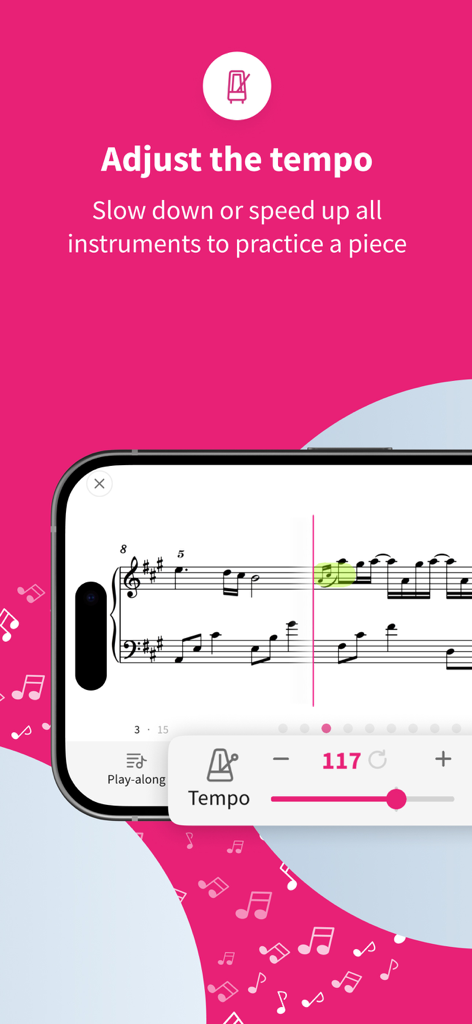 Tomplay sheet music app screen showing tempo adjustment controls.