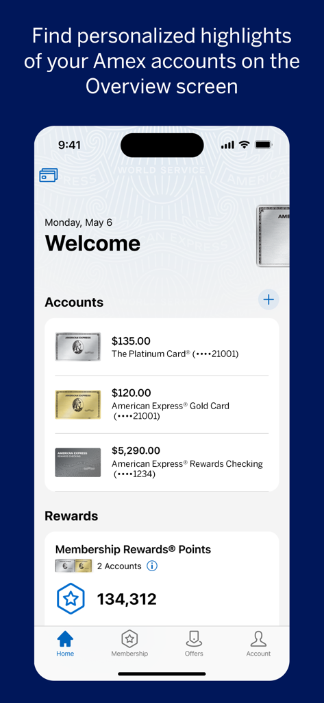Tela inicial do aplicativo American Express mostrando saldos de contas para cartões Platinum e Gold e total de pontos Membership Rewards.