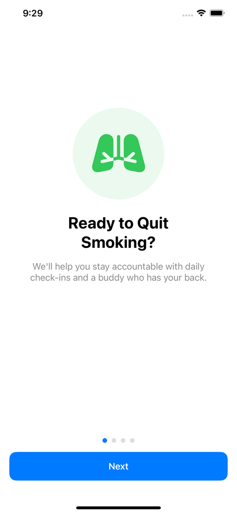 Écran d'accueil de l'application Quit Smoking Buddy avec une icône de poumon et le texte Prêt à arrêter de fumer.
