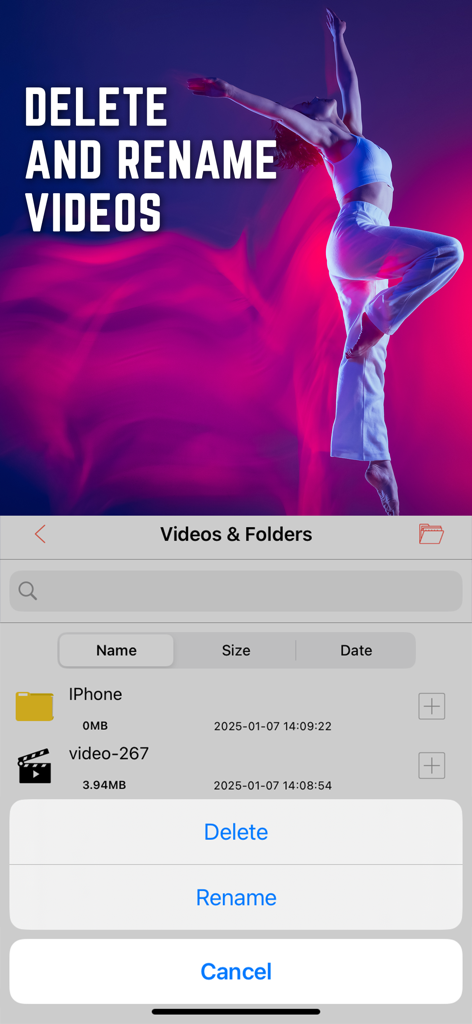 Video Saver & Player - Interface showing options to delete and rename videos within the Video Saver and Player app.