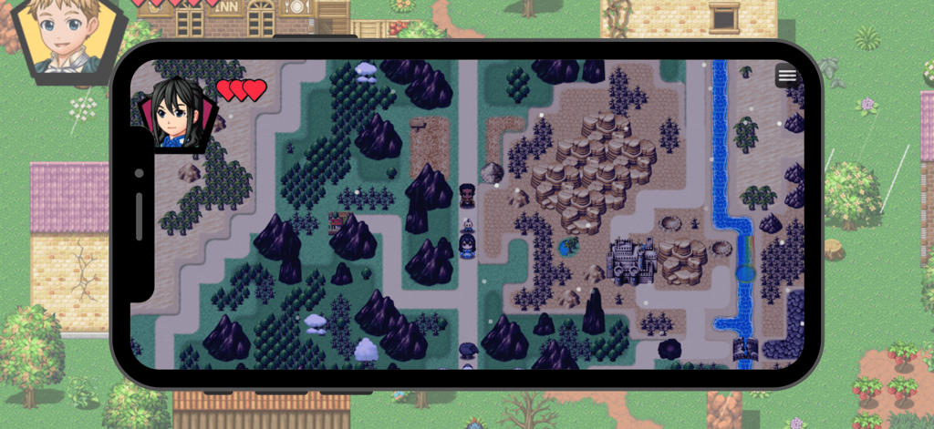 Una vista de mapa del mundo estilo pixel art desde arriba del Didactic Jesus Game que muestra sprites de personajes y corazones de salud.