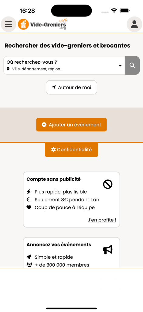 Vide-greniers.org - Interface de l'application mobile pour rechercher des vide-greniers et des brocantes locales sur Vide-greniers.org