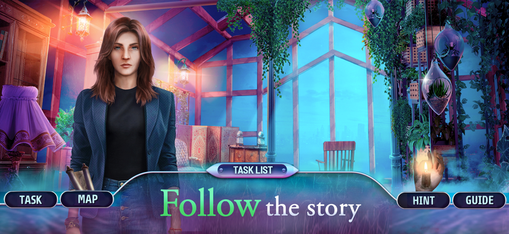 Paranormal Files 9: F2P - Rachel Cowell de pie en un invernadero con un texto superpuesto 'Sigue la historia'