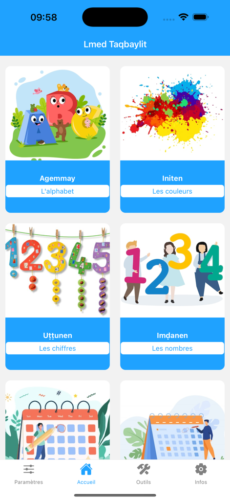 Lmed Taqbaylit - Main menu of Lmed Taqbaylit app showing illustrated categories for learning the alphabet colors and numbers