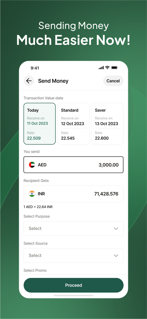 Joyalukkas Exchange - Joyalukkas Exchange Mobile App-Bildschirm, der Optionen zum Senden von Geld von AED nach INR mit aktuellen Wechselkursen anzeigt