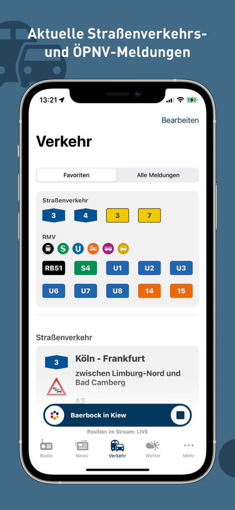 hr-iNFO App - Screenshot of the hr-iNFO app showing real time traffic and public transport updates for the Hesse region
