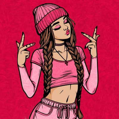 realistic teenage girl with braids and a beanie and crop top doing 🫶🏼