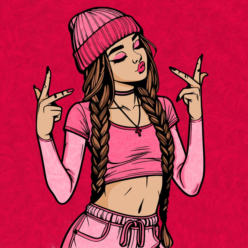 realistic teenage girl with braids and a beanie and crop top doing 🫶🏼