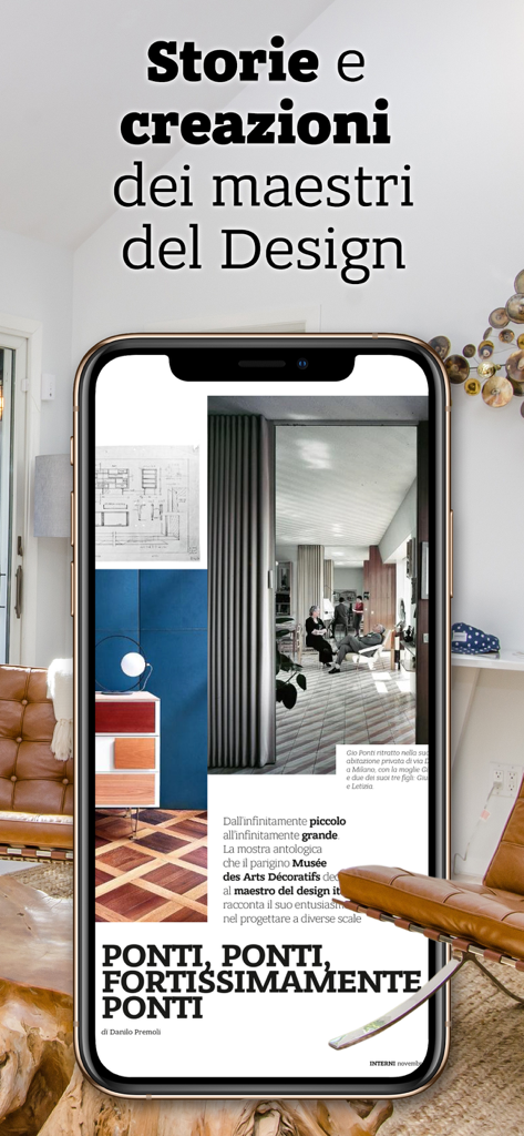 INTERNI - INTERNIイタリアンデザイン雑誌アプリで建築家ジオ・ポンティに関する記事を表示するスマートフォン