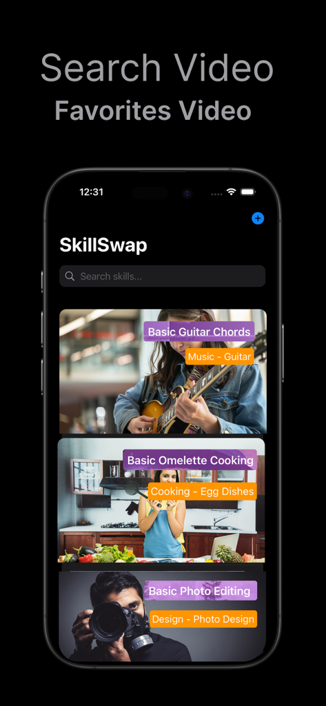 Black CirkleAI SkillSwap app interface displaying video tutorials and a search bar